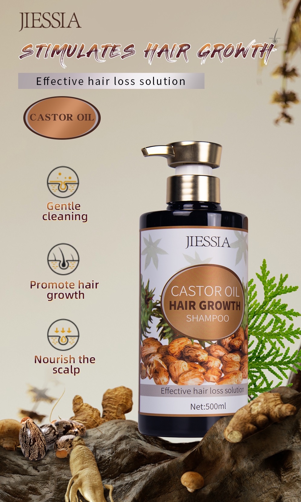 Jiessia Castor Oil Anti Hair Loss Hair Growth Shampoo 500ml