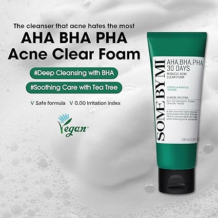 SOME BY MI AHA BHA PHA 30 Days Miracle Acne Clear Foam 3.38oz, 100ml Salicylic Acid Cleanser for Exfoliation & Sebum Control Korean Authentic