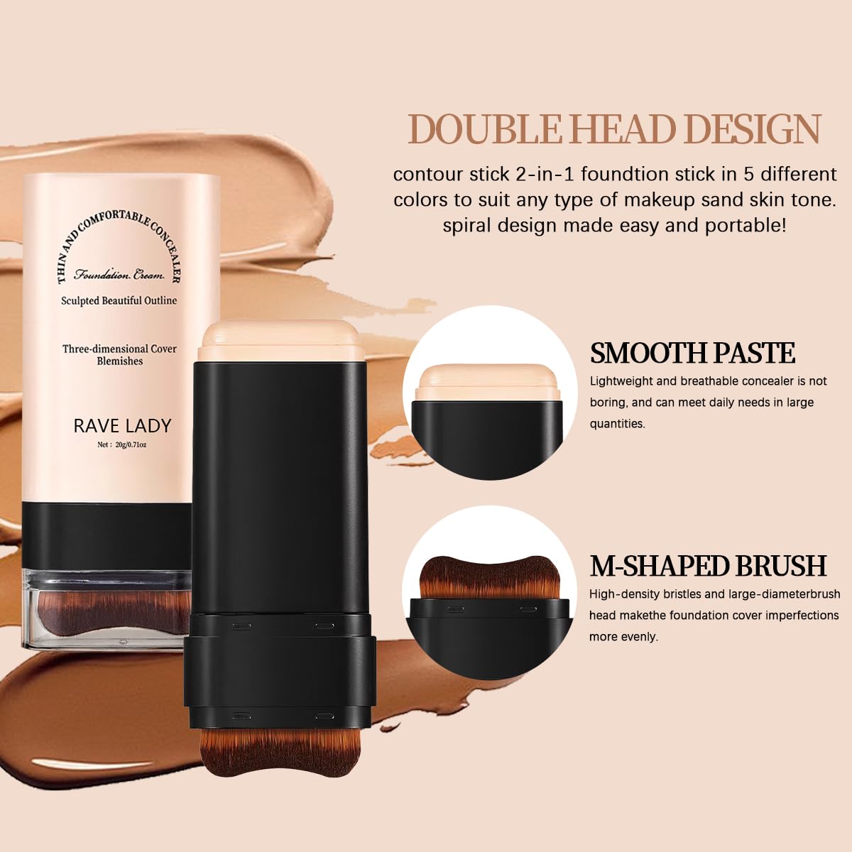 Rave Lady 2-in-1 Concealer Foundation Stick with Brush, Full Coverage - Image 6