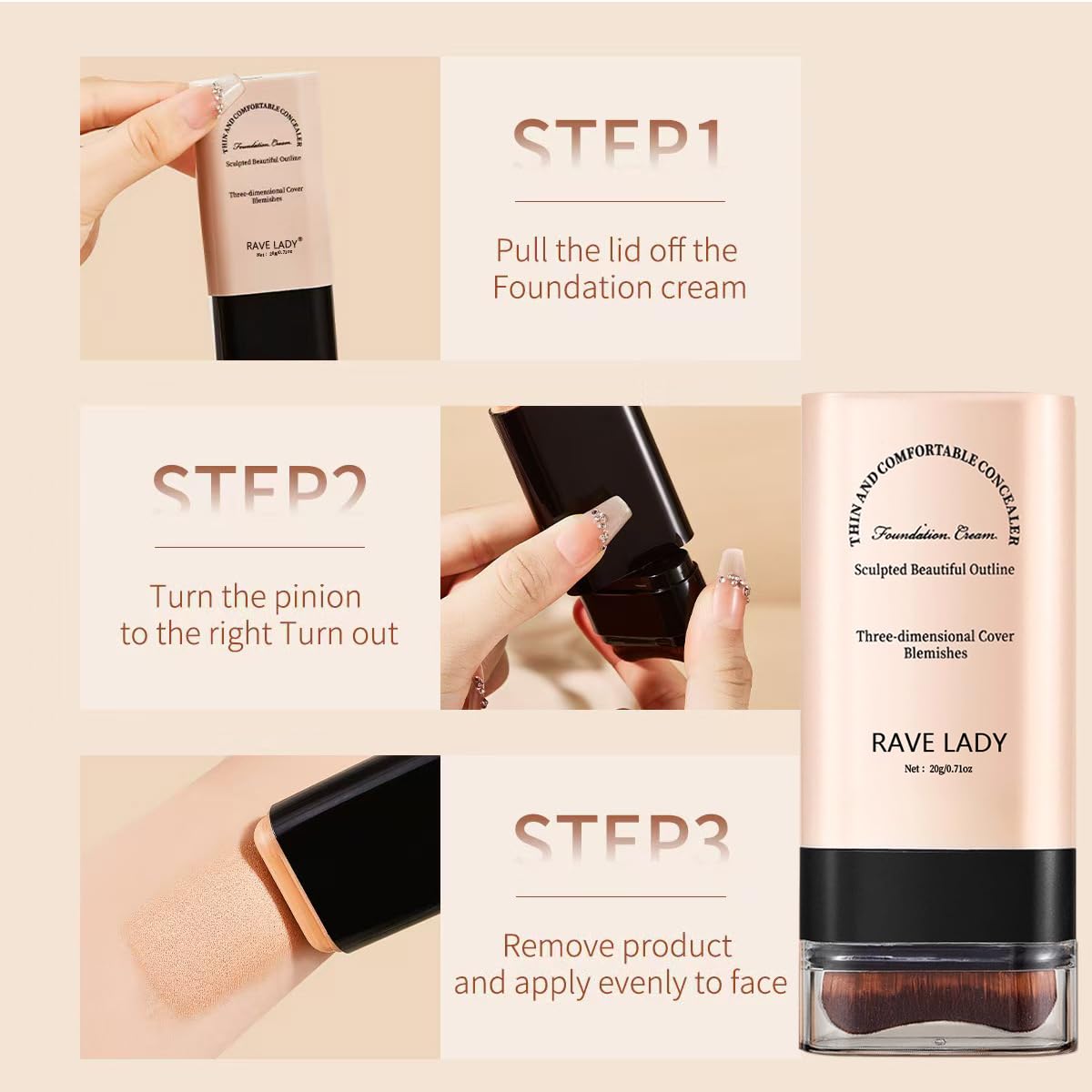 Rave Lady 2-in-1 Concealer Foundation Stick with Brush, Full Coverage - Image 3