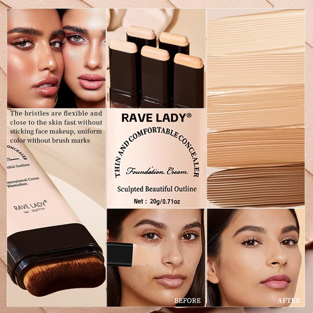 Rave Lady 2-in-1 Concealer Foundation Stick with Brush, Full Coverage - Image 7