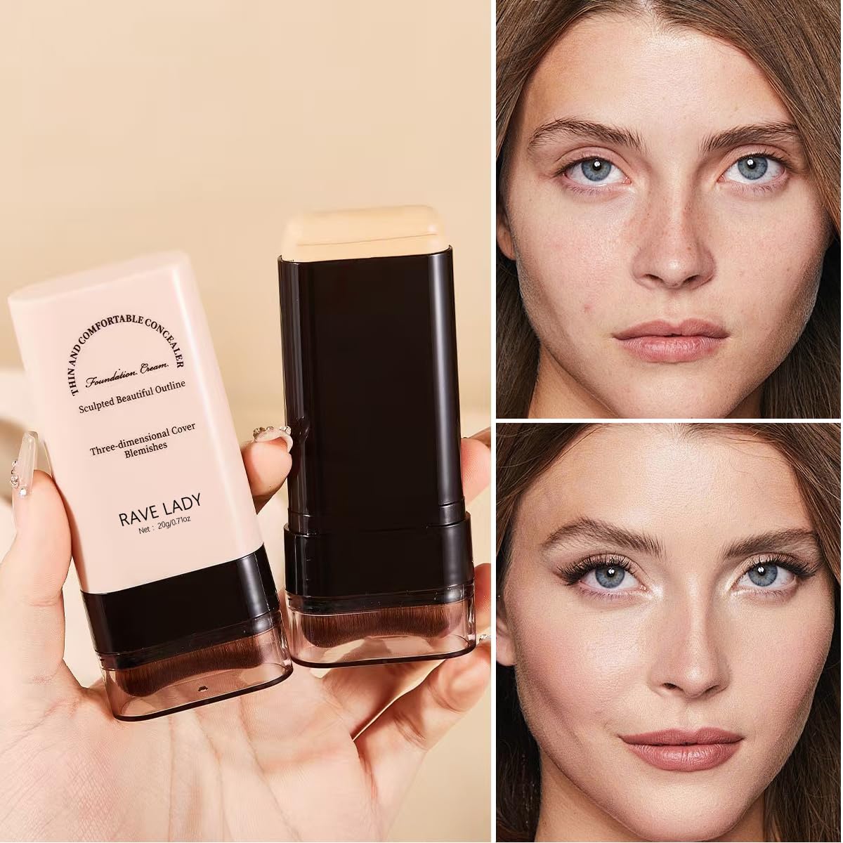 Rave Lady 2-in-1 Concealer Foundation Stick with Brush, Full Coverage - Image 2
